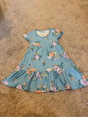 Pink Rose Teal Floral Short Sleeve Tiered Dress size S 7/8